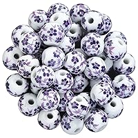 Ceramic Porcelain Beads for Jewelry Making, 20pcs 12mm Round Flower Decal Ceramic Beads with 3mm Hole, Glazed Craft Beads for DIY Jewelry