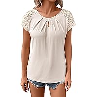 Women's Summer Tops 2024, Casual Pullover Hollow Lace Splicing Short Sleeved T Shirt Top, S XL
