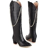 LEHOOR Women Chunky Heel Knee High Western Boots Wide Calf Pointed Toe Crocodile Cowboy Boots Gold Chain V-Cut Pull Up 2 Inch Mid Stacked Heel Long Boots Cowgirl Sexy Retro 4-14 M US