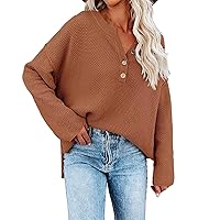Women's Fashion Sweatshirt Waffle Casual Shirts V-Neck Pullover Blouse Button Long Sleeve Solid Color Slim Top