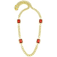 Ruby Red Four Square Stones Gold Color Pendant with 32 Inch Cuban Necklace