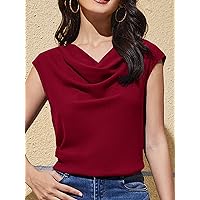 Women's T-Shirt Solid Cowl Collar Blouse T-Shirt for Women (Color : Burgundy, Size : Large)