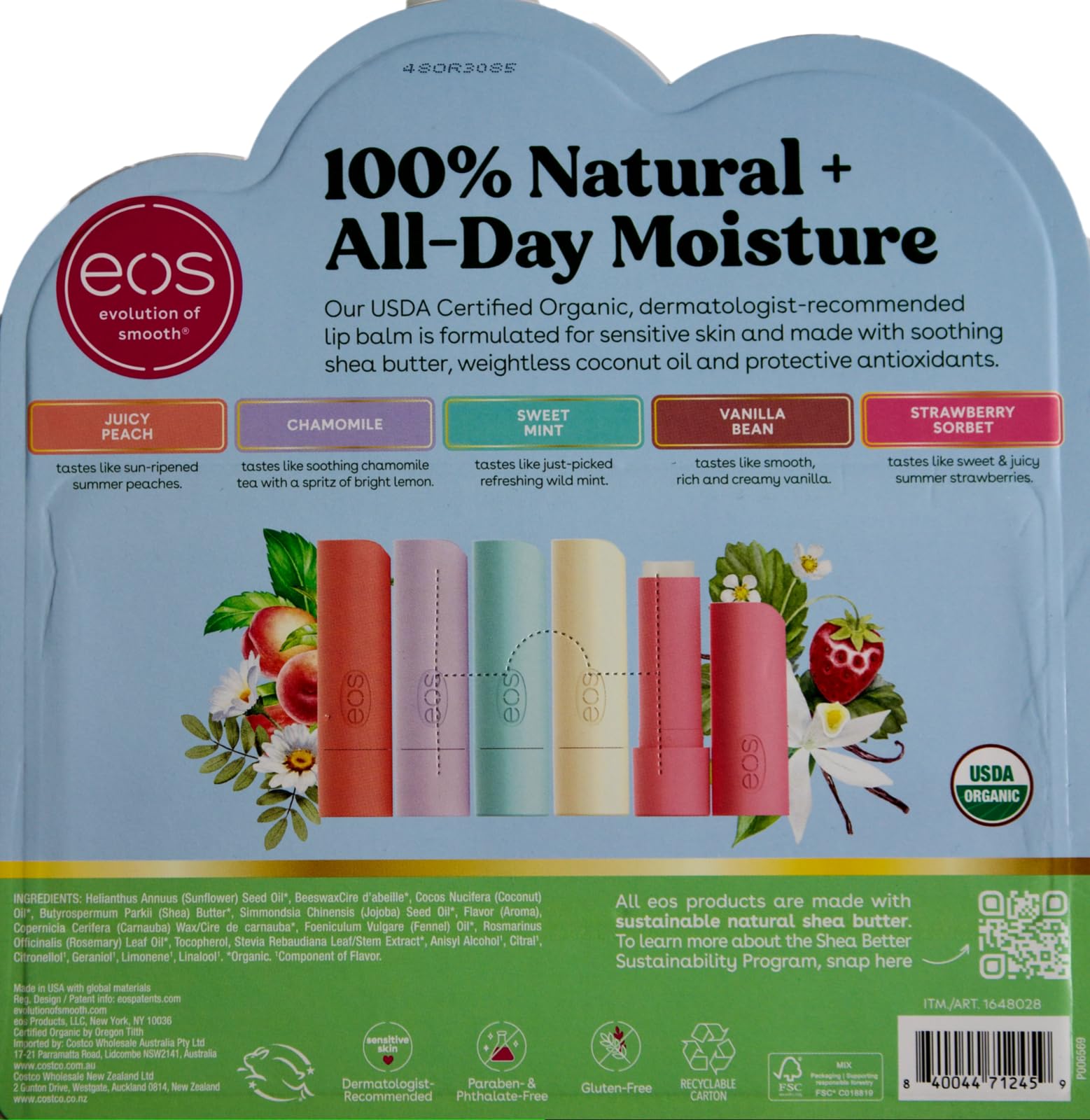 EOS Organic Lip Balm Juicy Peach Chamomile Mint Vanilla Strawberry, 9 Pack
