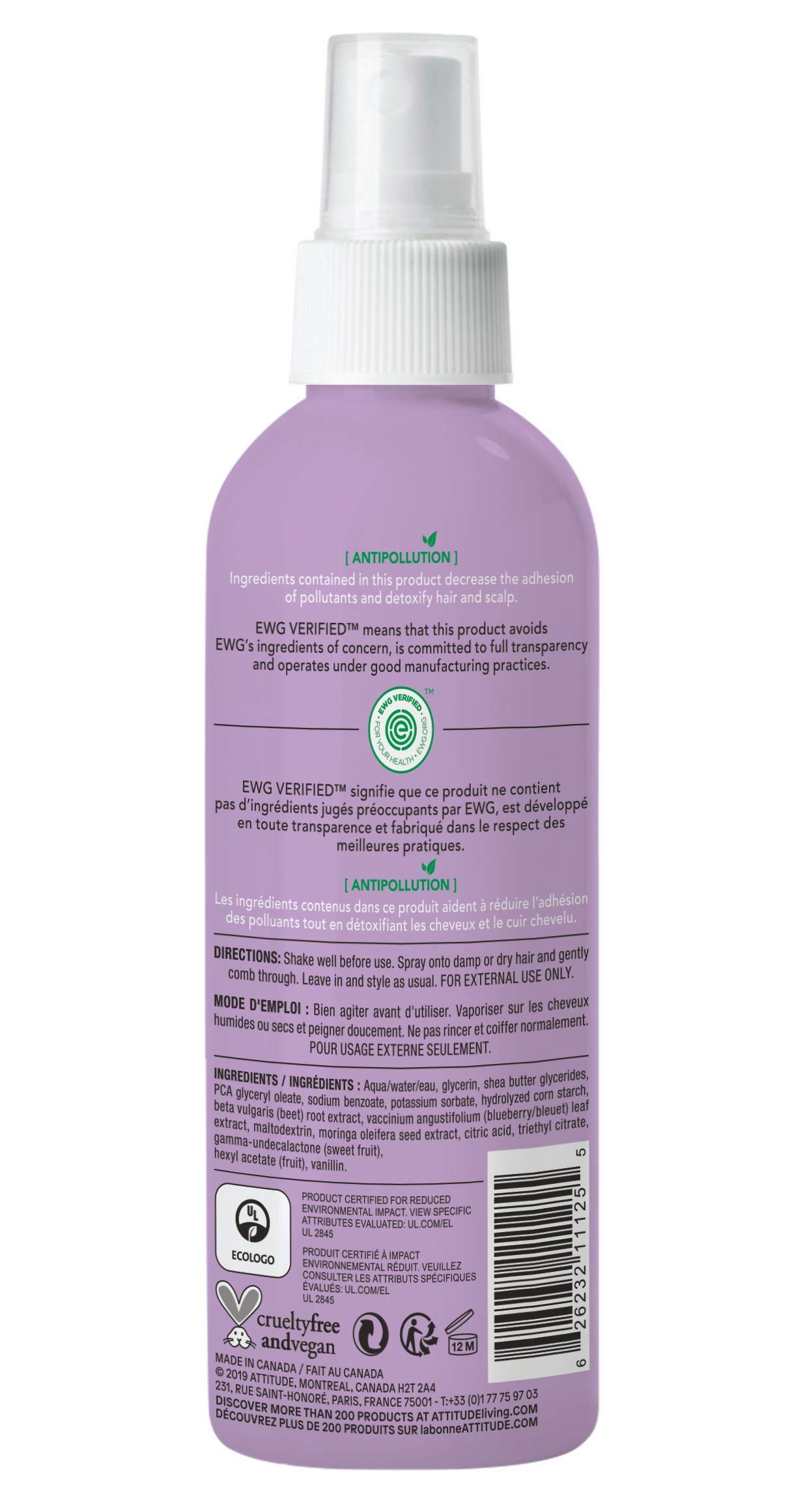 ATTITUDE Hair Detangler for Kids, Spray Bottle, Hypoallergenic Plant- and Mineral-Based Formula, Vegan and Cruelty-free, Vanilla & Pear, 8 Fl Oz