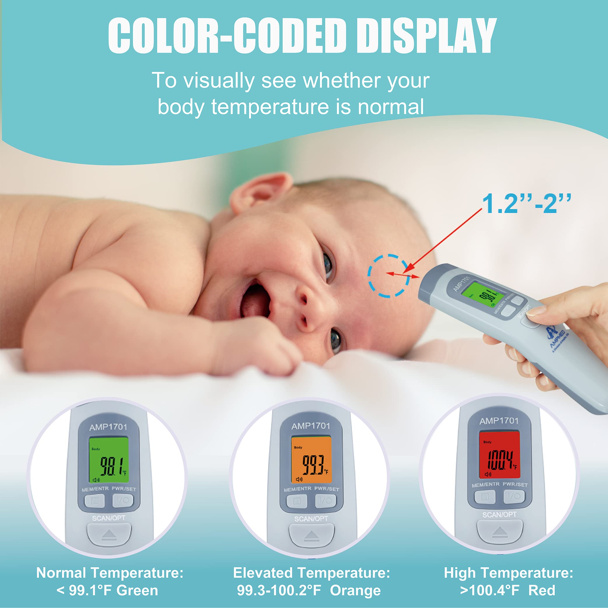 3-Pack Bundle - Amplim Non-Contact Infrared Digital Forehead Thermometer for Baby Hospital Medical Grade No Touch