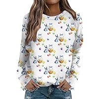 Womens Easter Shirts 2024 Cute Easter Eggs Bunny Graphic Tees Loose Fitted Long Sleeve Crewneck Pullover Sweatshirt Tops