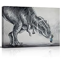 EZON-CH Dinosaur Canvas Wall Art - Cute Baby Boy Touching Trex Dinosaur - Stretched and Framed Ready to Hang - Artworks Pictures for Home Bathroom Kids Room Bedroom Decor(Grey,16x20 inch)