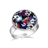 Sport Football Red Blue Black Watercolor Adjustable Rings for Women Girls, Stainless Steel Open Finger Rings Jewelry Gifts