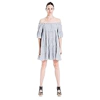 Max Studio Women's Woven On/Off Shoulder Striped Dress, Navy/Ivory, Extra Large