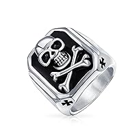 Personalize Large Men's Biker Jewelry Halloween Day Of Dead Crossbones Skull Signet Ring or Black Pendant Oxidized Silver Tone Stainless Steel