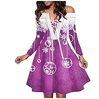 Long Christmas Dresses for Women, Fashion Casual One Shoulder Retro Printed Plush Party Sleeved Dress Ladies Women Tight Knee Length Red Short Dress Outfits Short Dress Outfits (XXL, Purple)