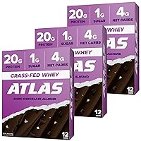 Atlas Protein Bar, 20g Protein, 1g Sugar, Clean Ingredients, Gluten Free (Dark Chocolate Almond, 12 Count (Pack of 3))