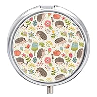 Round Pill Box Hedgehog and Bird and Flowers Portable Pill Case Medicine Organizer Vitamin Holder Container with 3 Compartments