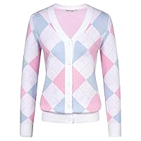 Womens Argyle Preppy Cardigan Sweater Casual V Neck Button Down Knit Cardigan Color Block Shrugs S-2XL