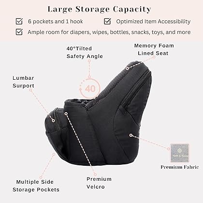 CozyOne - CPC-Certified Hip Seat Baby Carrier - New Ergonomic Bench Design, Adjustable Waistband & Various Pockets for Newborns & Toddlers up to 44lbs, All Seasons Carrier(Black)