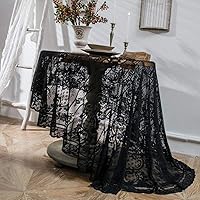 Boho Hole 75 inch Black Lace Wedding Tablecloth Elegant Round Tablecloth Floral Embroidered Lace Overlay Table Cover for Halloween Party Dinning Holiday, 1 Piece