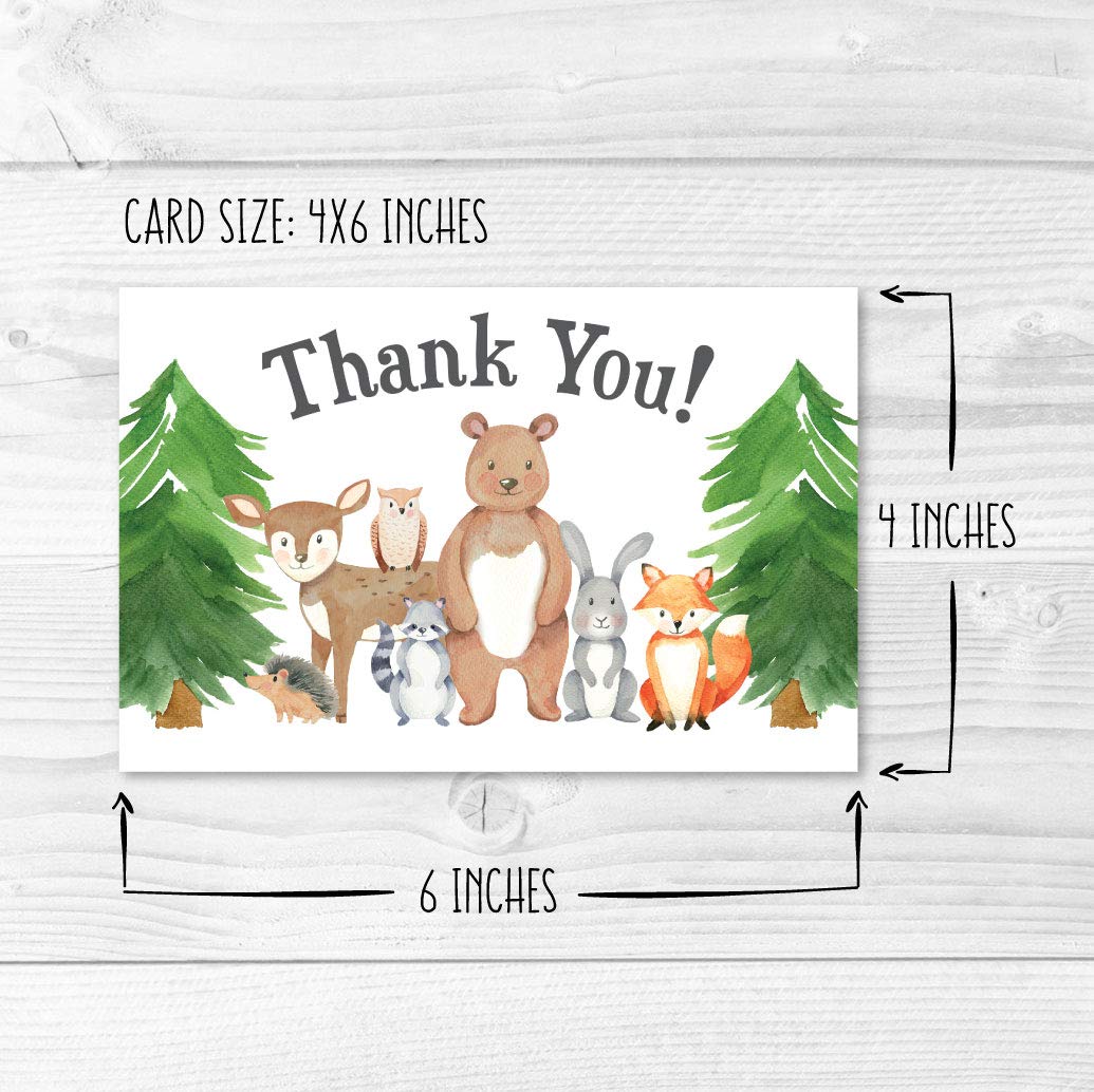 24 Woodland Thank You Cards With Envelopes, Kids or Baby Shower Thank You Note, Rustic Animal Deer or Fox, 4x6 Varied Gratitude Pack For Party, Birthday Boy or Girl Children, Appreciation Stationery