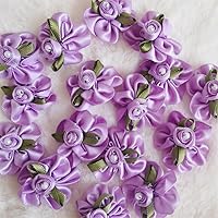 50pcs 30mm Satin Ribbon Flower Bows Rose Polyester Craft Artificial Ornament Applique Fabric Wedding Sewing Handmade DIY Gift Box Decoration (Purple)