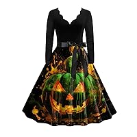 Womens Halloween Horror Pumpkin Face Tea Party Dress 1950s Vintage Long Sleeve V Neck Audrey Hepburn Cocktail Dress