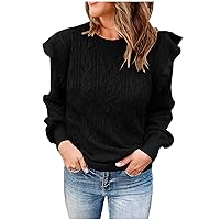 Women's Ruffle Trim Long Sleeve Sweaters Fashion Cable Knit Pullover Casual Loose Fit Crewneck Plain Jumper Tops