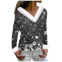 Women's Christmas Sweatshirts T Shirt Tee Shirt Long Sleeve Party Print Fleece Collar V Neck Top, S-3XL