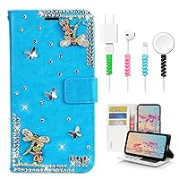 STENES Bling Wallet Phone Case Compatible with Samsung Galaxy Z Fold 4 5G Case - Stylish - 3D Handmade Dragonfly Glitter Magnetic Wallet Leather Cover with Cable Protector [4 Pack] - Blue