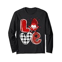 Love Gnome Valentines Day Squad Leopard Plaid Matching X-Mas Long Sleeve T-Shirt