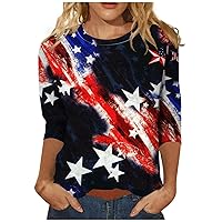 Women Fourth of July Shirt 3/4 Sleeve Summer Tops USA Flag Shirts Retro Print Quarter Length Sleeve Tunic Blouses