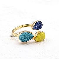 El Joyero Gold Plated Natural Agate Druzy Adjustable Rings Gemstone Triple Stone Pear Shape Handmade Rings Jewelry