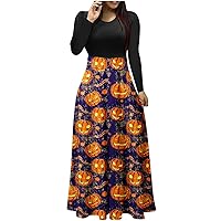 Maxi Dresses for Women Halloween Spooky Horror Season Dress Long Sleeve Crew Neck Vintage Party Prom Long Dress