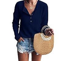 IWOLLENCE Womens Button Down Shirt Long Sleeve Henley Shirt Waffle Knit Tunic V Neck Tops Loose Fit