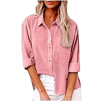 Tops for Women Trendy,Linen Tops for Women Long Sleeve Collared Button Up Shirts 2024 Fashion Loose Fit V Neck Blouse with Pocket Short Sleeve Top Womens