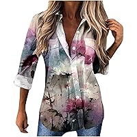 Women's 3/4 Sleeve Fall Tops Casual Tie Dye Floral Blouses Button Down Shirts High Low Side Slit V Neck Tunic Shirt
