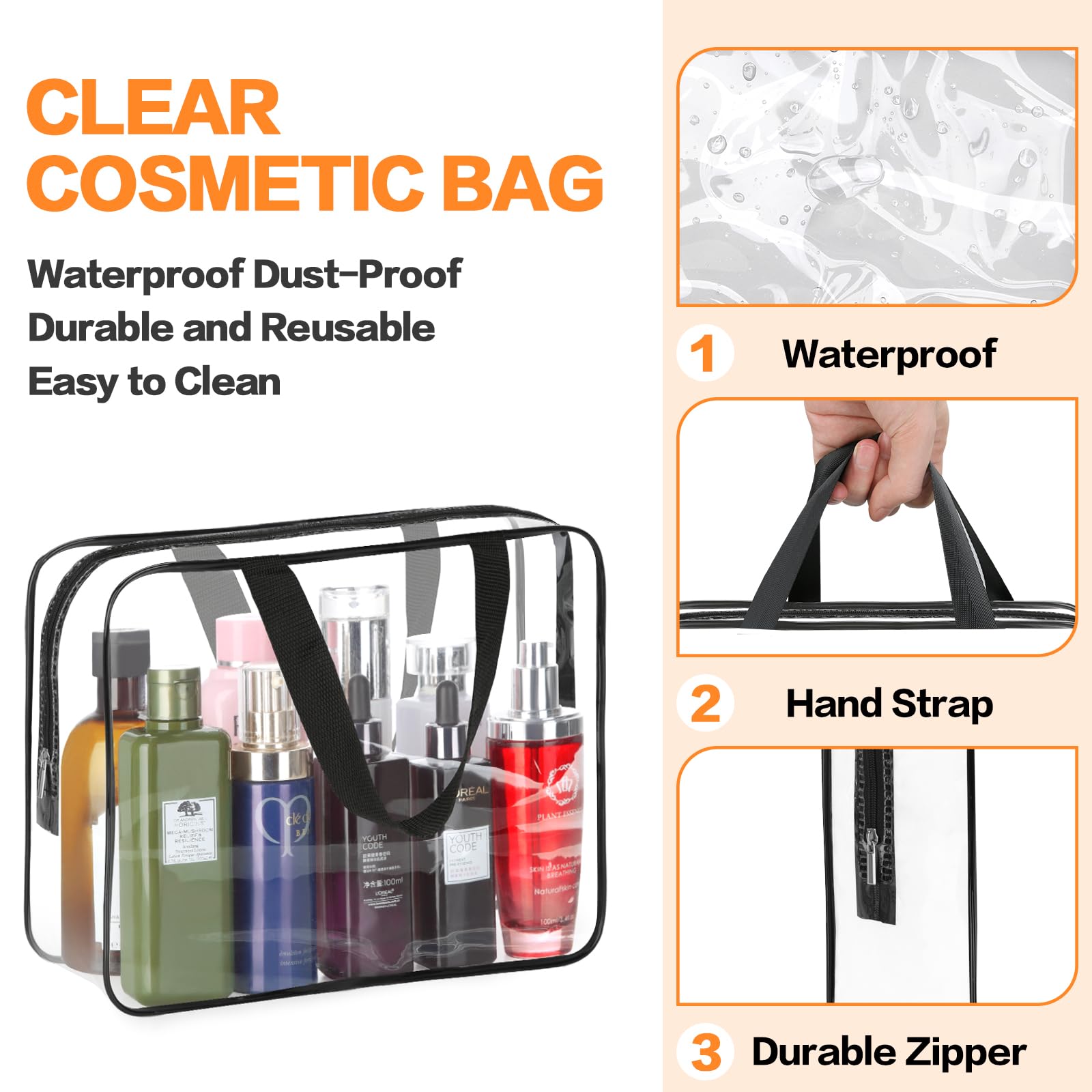 HAOGUAGUA 3 Pieces Large Clear Travel Bags for Toiletries, Waterproof Clear Plastic Cosmetic Makeup Bags, Transparent Packing Organizer Storage Bags (Black)