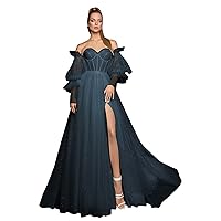 Off Shoulder Tulle Wedding Ball Gown Puffy Sleeve Prom Dresses for Women Sweetheart Princess Sparkly Quinceanera Dresses