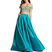 Women's Satin Two Pieces Off Shoulder Prom Dress Lace Applique Long Formal Evening Gowns with Pocket Turquoise