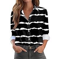 Womens Button Down Shirts Fall Long Sleeve Lapel V Neck Print Blouse Loose Fit Fashion Office Work Tops Casual Basic Tee