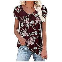 Womens Vintage Traditional Floral Tunic Tops Petal Short Sleeve Round Neck Blouses Summer Casual Loose Fit Trendy T-Shirts