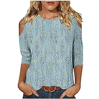 Womens Sexy Cold Shoulder Top Summer Basic T Shirts 3/4 Sleeve Tshirts Geometry Printed Loose Casual Dressy Blouses