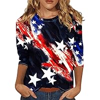 Independence Day 3/4 Sleeve Tops for Women Summer 4Th of July Tops Crewneck Yom Ha'atzmaut Casual T-Shirt