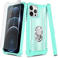 NZND Case for iPhone 12 Pro Max with Tempered Glass Screen Protector, Aluminum Metal Magnetic Diamond Ring Holder Stand, Full-Body Military Protective Shockproof Case Cover -Teal