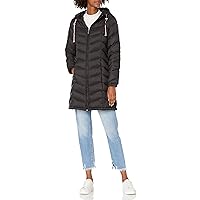 Tommy Hilfiger Women's Mid-Length Puffer Hooded Down Jacket with Drawstring Packing Bag, Black, Medium
