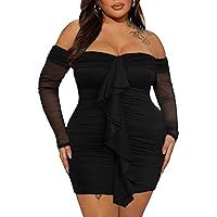 LAPA Women's Plus Size Off Shoulder Cocktail Dress, Sexy Ruched Bodycon Mesh Long Sleeve Party Mini Dresses