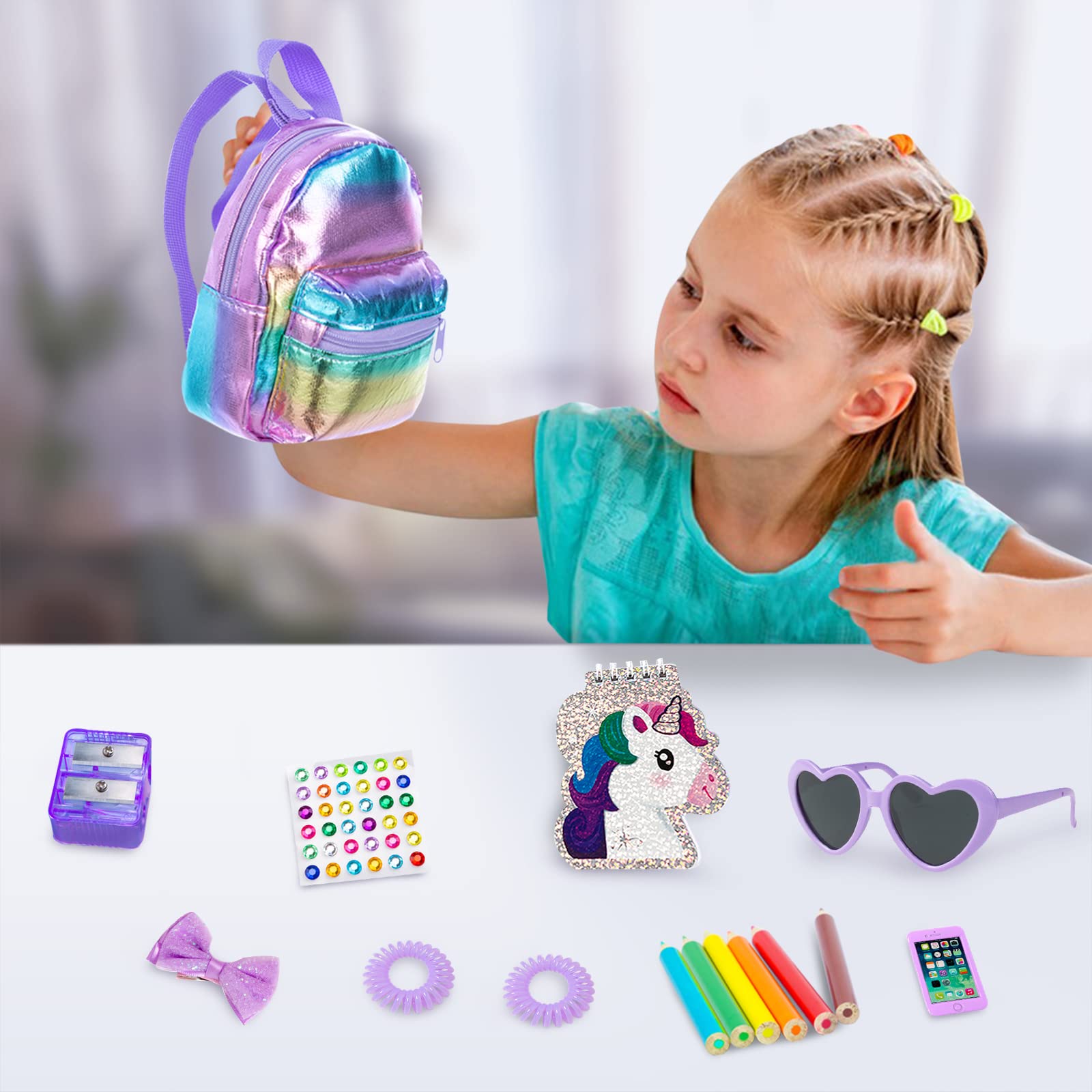 18 Inch Girl Doll Clothes and Accessories School Supplies Playset with Doll Clothes,School Bags, Sunglasses, Pencils, Pencil Sharpener, Notebooks, Phone, Hair Clip, Stickers （No Doll）