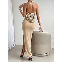 Women's Dresses Sexy Backless Split Thigh Halter Dress for Women Dress for Women (Color : Apricot, Size : Large)