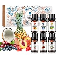Top 6 (Pineapple, Peach, Blueberry, Strawberry, Cherry, Coconut) Essential Oil Set 100% Pure Aroma Oils for Diffuser, Humidifier, Massage, Spa, Candles, Soaps, Perfume - 6 x 10ml