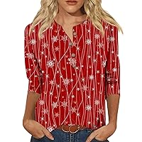 Women's Casual Tops Fashion Casual Round Neck 44989 Sleeve with Buttons Loose Christmas Printed Shirt Top, S-3XL