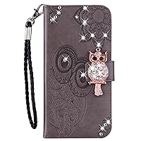 Wallet Case Compatible with Samsung Galaxy A15 4G, Bling Glitter Diamond Owl PU Leather Flip Phone Cover with Wrist Strap (Grey)