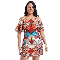 Women Flower Butterfly Printed Cold Shoulder Dress Casual Short Sleeve Mini Dresses