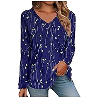 Hoodies for Women,Tops for Women Long Sleeve V Neck Retro Printed Loose Fit Tunic T Shirts 2024 Summer Fashion Cute Tee Blouse T Shirts for Women